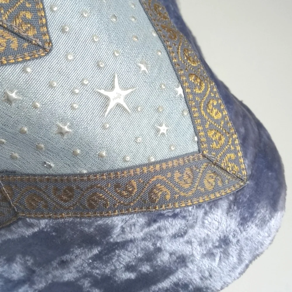 Vintage Dusty Blue Gold Velvet Embroidered Embossed Star Pillow Sham 15” X 16”
